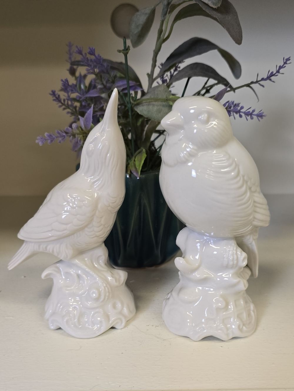 Dresden White Ceramic Bird Figurines Pair